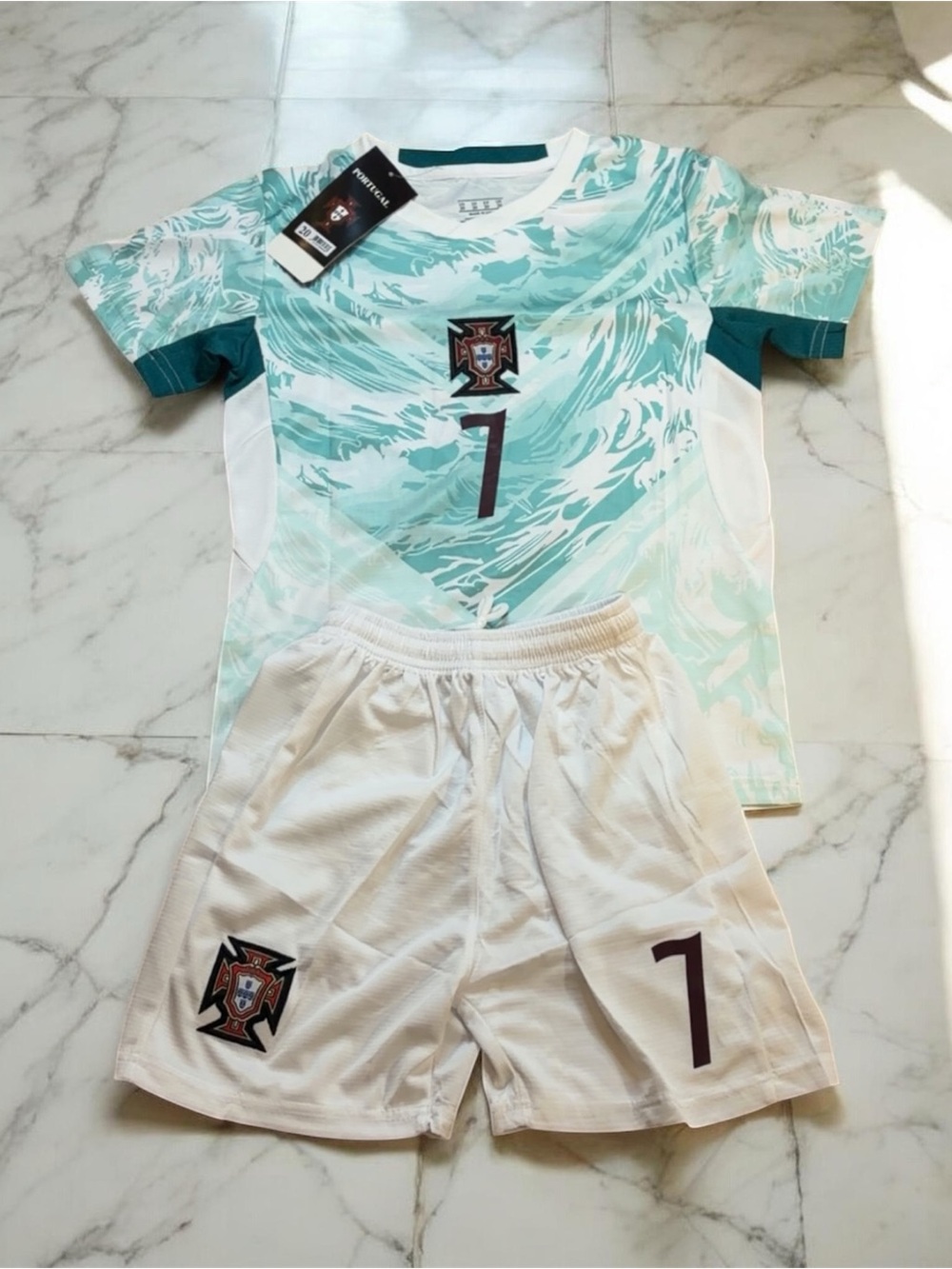 Portugal Ronaldo #7 Away Kids Soccer Jersey Set | Youth Football Uniform - Picture 2 of 2